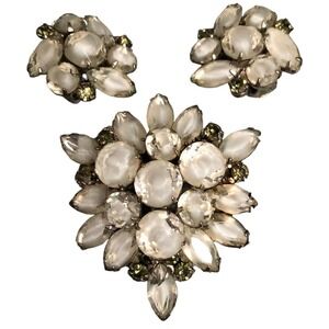 Juliana D&E Brooch Clip Earring Set Silver tone White Givre Navettes Tiered
